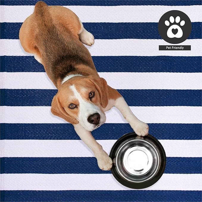 FH Home Outdoor Rug - Waterproof, Fade Resistant, Reversible - Premium Recycled Plastic - Striped - Patio, Deck, Porch, Balcony, Laundry Room - Brittany Stripe - Blue & White Crease Free - 4 x 6 ft