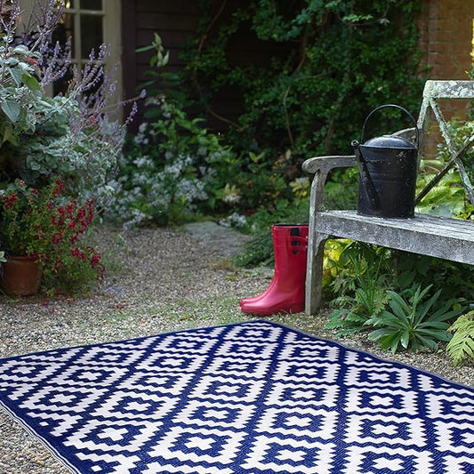 FH Home Outdoor Rug - Waterproof, Fade Resistant, Reversible - Premium Recycled Plastic - Geometric - Porch, Deck, Balcony, Mudroom, Laundry Room, Patio - Aztec - Blue & White Crease Free - 3 x 5 ft