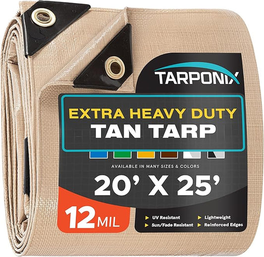 20' x 25' Extra Heavy-Duty Tan Poly Tarp – 12 Mil Thick, Waterproof, UV-Resistant Polyethylene with Reinforced Edges, Double-Stitched Hems, and Rustproof Grommets
