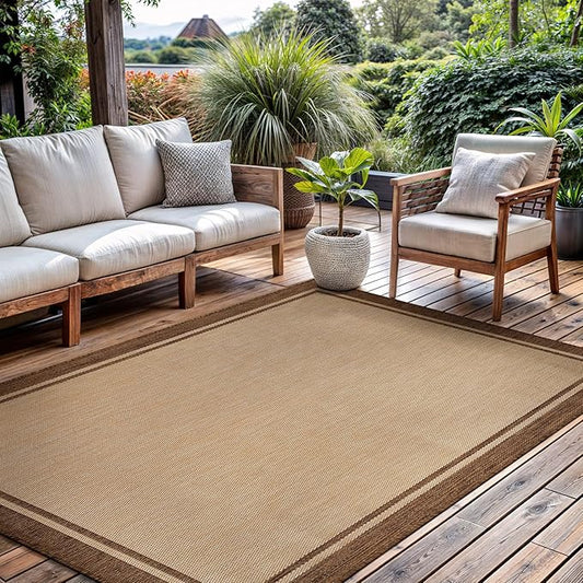 CAMILSON Outdoor Rug 9x12 Bordered Natural Brown Modern Area Rugs for Indoor and Outdoor Patios, Kitchen and Hallway Mats, Washable Porch Deck Outside Carpet (Border Jute, 9 x 12)
