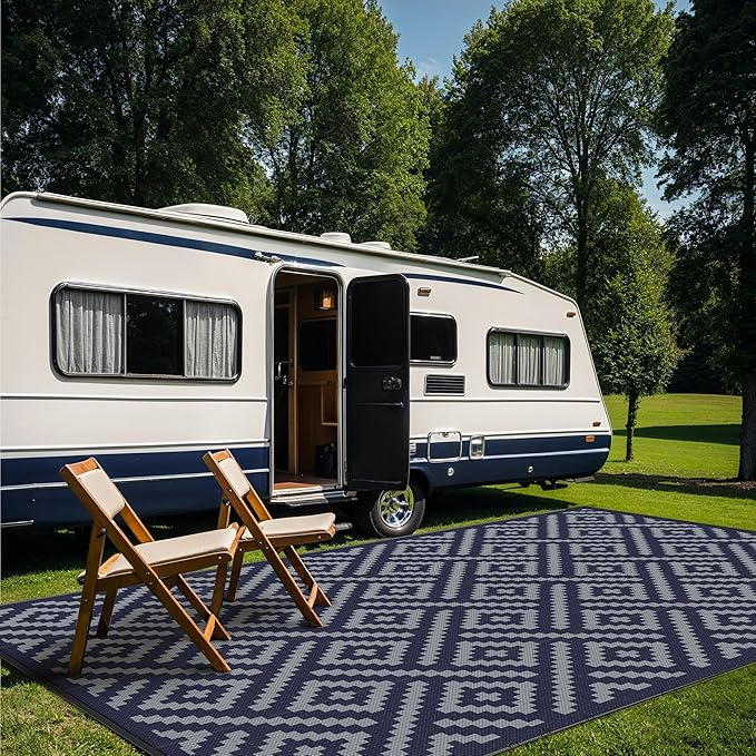 GENIMO Outdoor Rug for Patio Clearance, 10'x14' Waterproof Camping Mat, Reversible Plastic Straw Rugs for RV, Camper, Balcony, Backyard, Picnic, Deck (Blue & Grey)