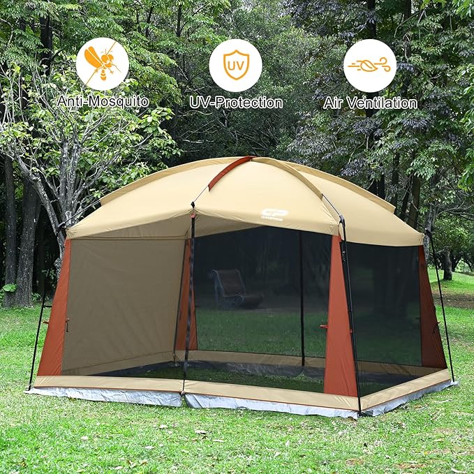 CAMPROS CP Screen House Room with 1 Pc Removal Wind/Sun Panel Canopy Tent Camping Tent Screen Shelter Gazebos for Patios Outdoor Camping Activities, 12'X10'X90in(H) - Beige