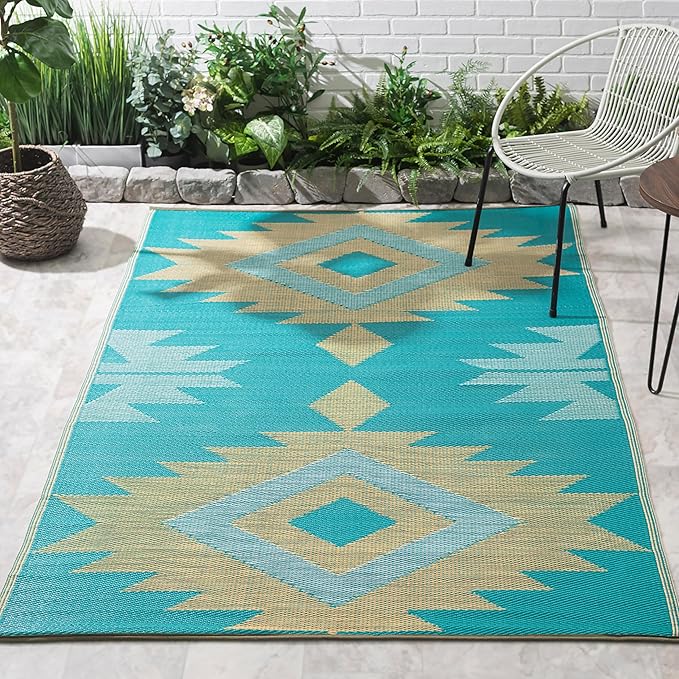 FH Home Outdoor Rug - Waterproof, Fade Resistant, Reversible - Premium Recycled Plastic - Geometric - Porch, Deck, Balcony, Mudroom, Laundry Room, Patio - Bursa Kilim - Teal Crease Free - 3 x 5 ft