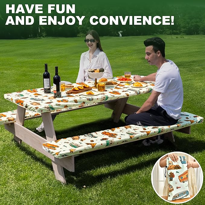 72 X 30 Inch Elastic Fitted Camping Table Cover with Bench Covers & Storage Bag, Picnic Tablecloth, Fits 6ft Picnic Tables, Polyester, Washable, Spill Resistant, Waterproof - Vintage