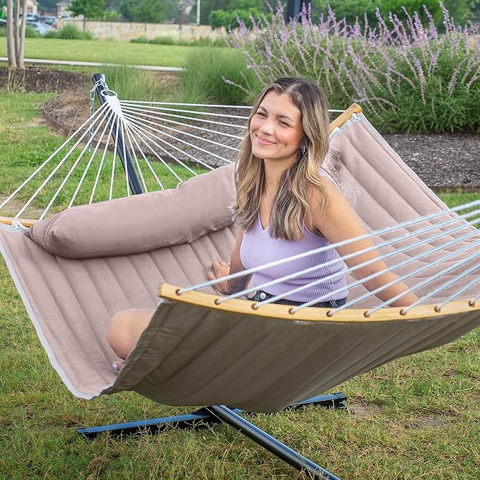 Double Hammock with 12 FT Stand, 2 Person Curved Bar Hammock with Stand, Pillow and Portable Carrying Bag, Heavy Duty 450lbs Capacity, Tan