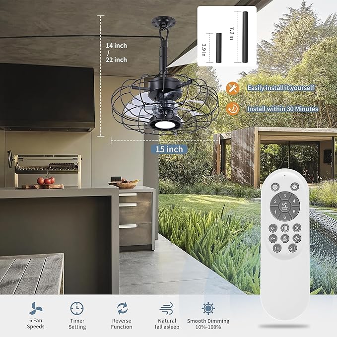 15" Outdoor Ceiling Fans with Lights and Remote,Black Waterproof Gazebo Fan, Plug in Ceiling Fan with 3 Color LED Light, Portable Hanging Gazebo Fans with Plug in Cord Hook for Patios