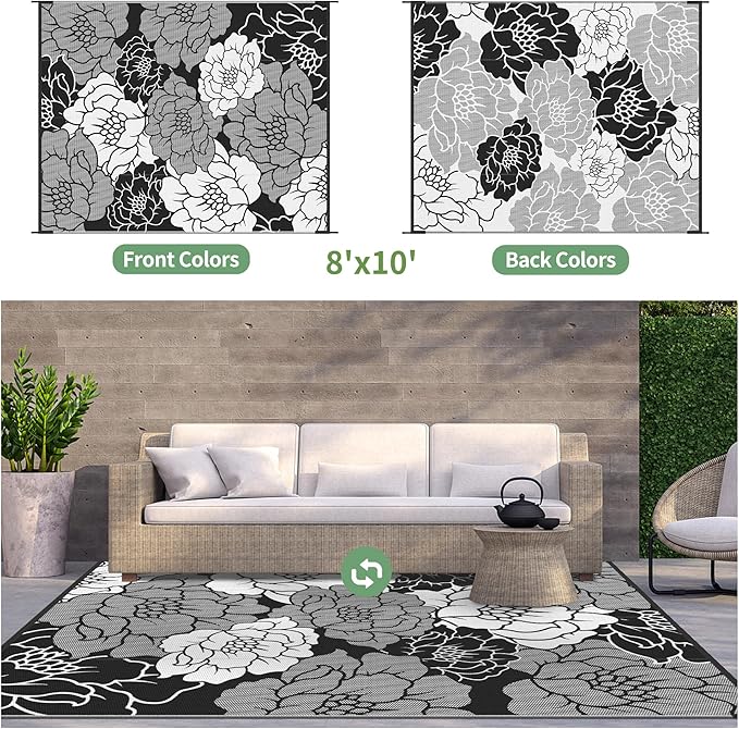 GENIMO Outdoor Rug Waterproof for Patio Decor, 8' x 10' Reversible Plastic Straw Floral Camping Carpet, Large Area Rugs Mats for RV, Camper, Deck, Balcony, Porch, Beach, Picnic, Mix-Black & White