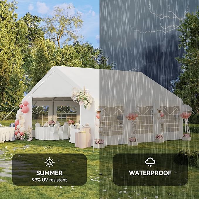Aoxun 20x20 Party Tent Canopy for Weddings Waterproof Event Tent with Removable Sidewalls &Roll-up Door, Heavy-Duty Steel Frame for Outdoor Weddings, BBQ, Birthday Parties, & Camping,White