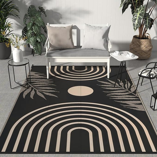 GENIMO Outdoor Rug 8' x 10' Waterproof for Patio Clearance, Reversible Lightweight Plastic Straw Camping Carpet, Large Area Rugs Mats for Rv, Backyard, Deck, Porch, Picnic, Balcony, Mix-Black & Beige