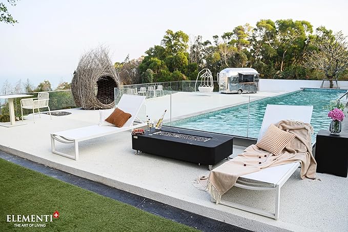 Elementi+ | Bundle Valencia Gas Fire Pit | Concrete Body & Marble Porcelain Top | 62" Rectangular Fire Table | Electronic Ignition | Canvas Cover, Fire Glass, Burner Lid & More | Black | Propane Gas