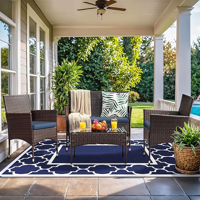 GENIMO 6' x 9' Outdoor Rug Waterproof for Patio Fall Decor, Foldable Reversible Plastic Straw Area Rugs Mat for Camper, Outside Carpet for Rv, Deck, Porch, Picnic, Beach, Balcony, Blue & Grey