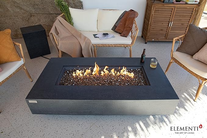 Elementi+ | Positano Gas Fire Pit Cast Concrete 60" Rectangular Fire Table, Outdoor Fire Pit Electronic Ignition | Canvas Cover, Fire Glass and Burner Lid Included | Dark Gray | Natural Gas