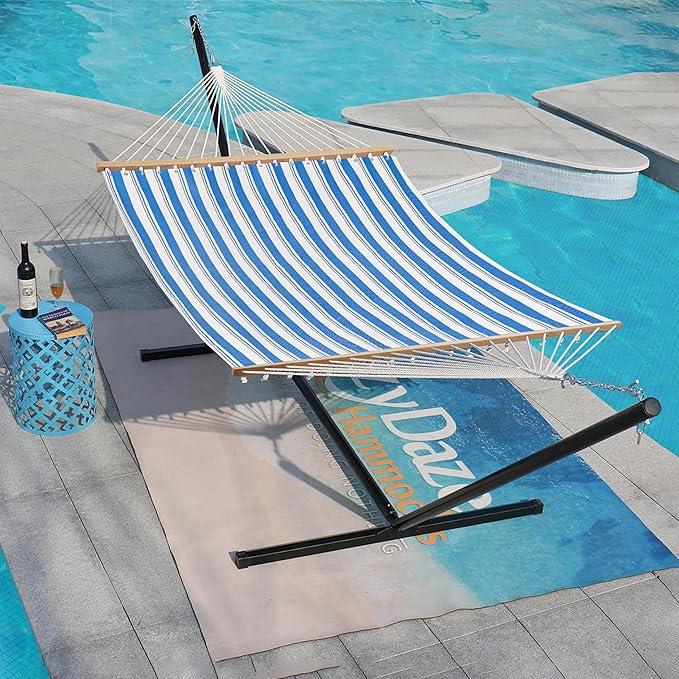 Lazy Daze Hammocks Quick Dry Hammock with Spreader Bar 2 Person Double Hammock with Chains Outdoor Outside Patio Poolside Backyard Beach 450 lbs Capacity, Blue Stripes