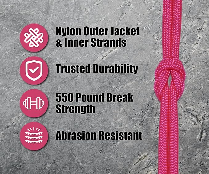 BORED? PARACORD! 550 lb Paracord - Ideal for Crafting, Camping, DIY Projects, Active & Military Outdoors - Strong Survival Rope - Tactical Parachute Cord Type III - Neon Pink 50 Feet