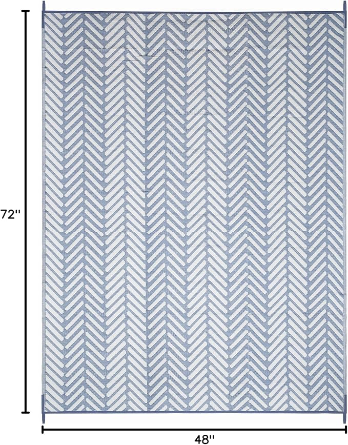 FH Home Outdoor Camping Rug - Waterproof, Fade Resistant, Reversible - Premium Recycled Plastic - Herringbone - Large Patio, Deck, Sunroom, RV - Fresno - Light Blue - 4 x 6 ft Foldable