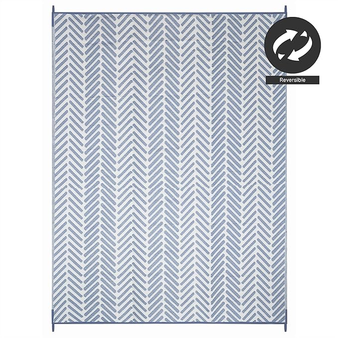 FH Home Outdoor Camping Rug - Waterproof, Fade Resistant, Reversible - Premium Recycled Plastic - Herringbone - Large Patio, Deck, Sunroom, RV - Fresno - Light Blue - 5 x 8 ft Foldable