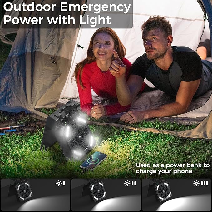 KITWLEMEN Solar Camping Fan with Lantern - Rechargeable Battery Operated Fan, 18H Run Time Max, 4 Speeds, 8H Timer, 90° Adjustable Portable Desk Fan for Hurricane, Power Outage, Outdoor Use