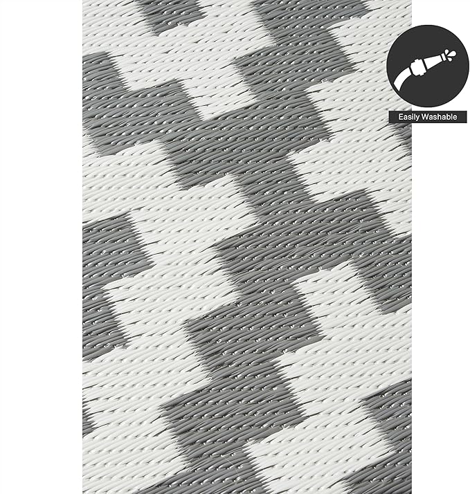 FH Home Outdoor Rug - Waterproof, Fade Resistant, Reversible - Premium Recycled Plastic - Geometric - Patio, Porch, Deck, Balcony - Aztec - Gray & White Crease Free - 5 x 8 ft