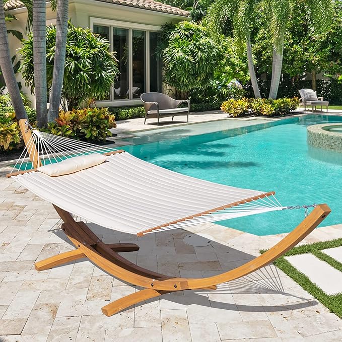 Lazy Daze Hammocks 12 FT Double Quilted Fabric Hammock and 13 FT Natural Wooden Arc Stand, with Spreader Bar, Removable Pillow, 2 Person Hammock for Poolside Outdoor Patio, 450 lb Capacity, Natural