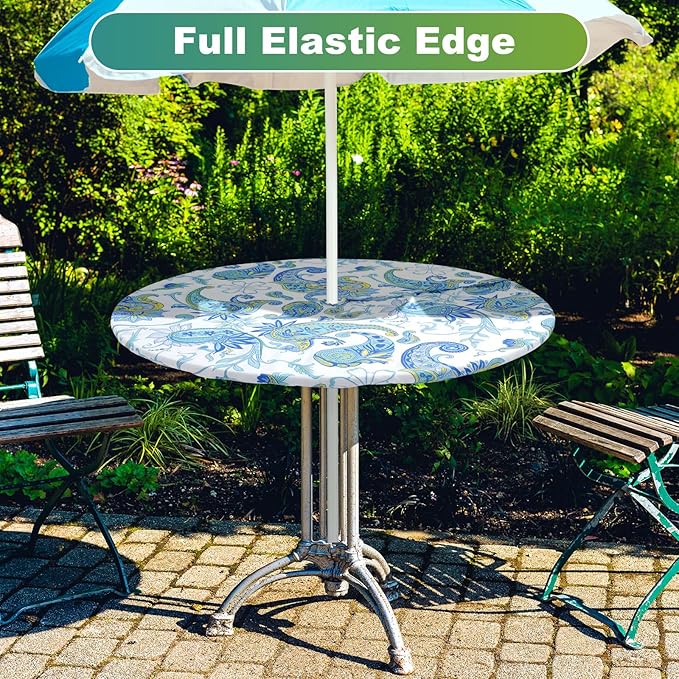 2 Pcs Round Outdoor Tablecloth with Umbrella Hole - Anti-wrinkle Polyester Tablecloth with Elastic Zipper Table Cover for Summer Patio Camping Party(45''-53'',Paisley, Floral Circle)