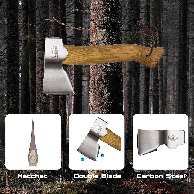 Prandi Axes Segurin C45 Forged Carbon Steel Hatchet - Hickory Handle with Leather String - Ideal for Camping, Travel and Bushcraft - S/N 3.059.04.CH - 11" L x 5.3" W, 400g Polished Head, No Sheath