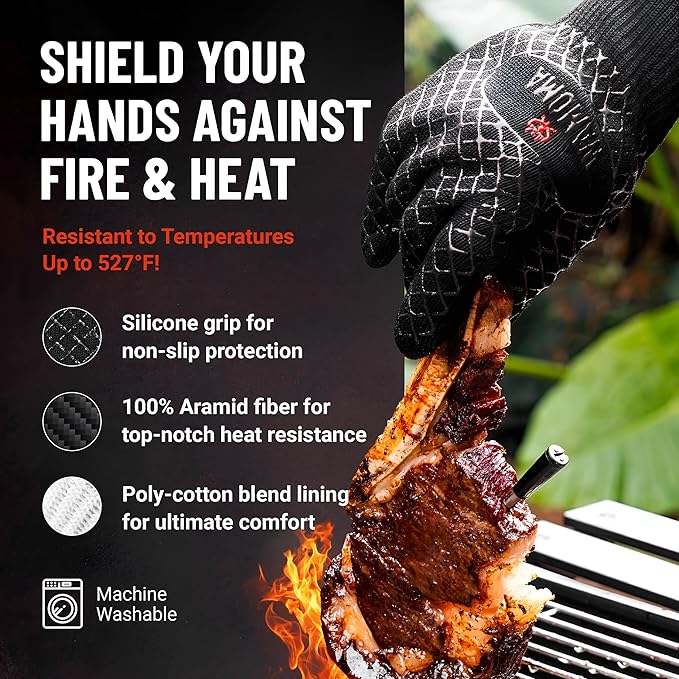 Long Sleeve Heat Resistant Grill Gloves - Medium Grilling Gloves for BBQ with Silicone Grip, Comfortable Cotton Lining for Barbeque, Baking, Oven Gloves with Fingers for Meat