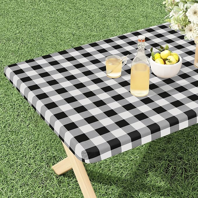 misaya Buffalo Rectangle Picnic Tablecloth, 6 Foot Elastic Fitted Vinyl Table Cloth with Flannel Backing, Waterproof Plaid Table Covers for Dining, Camping, Outdoor (Black and White, 30" x 72")