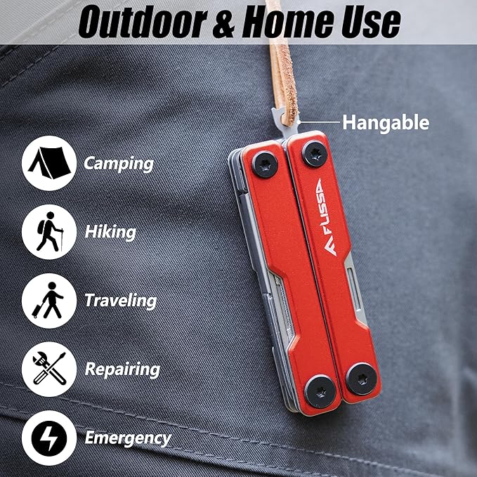 FLISSA Multitool Scissors, 11-in-1 Multi Tool Pocket Knife, Stainless Steel Mini Multitool with Bottle Opener, Screwdriver, Aluminum Handles, Spring - EDC for Outdoor, Camping, Hiking, Fishing, Red