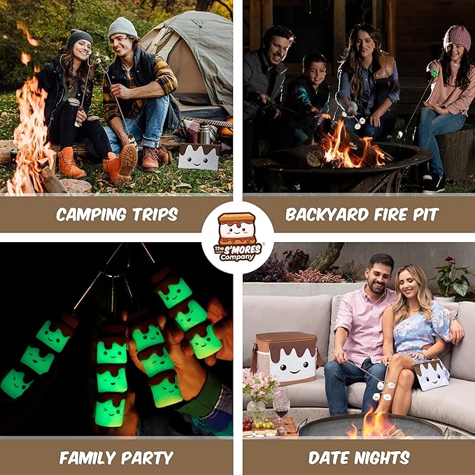 THE S'MORES COMPANY - Glow in the Dark Marshmallow Roasting Sticks - Set of 4 Rotating Smores Sticks - Telescoping Extra Long Marshmallow Sticks for Fire Pit, Campfire & Bonfire - Camping Accessories