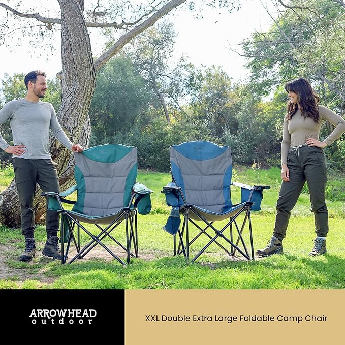 ARROWHEAD OUTDOOR 2-Pack Oversized XXL Portable Folding Camp Chair w/Glass & Cup Holders, Armrest Cooler, Heavy Duty Carry Bag, 600 lbs Weight Capacity