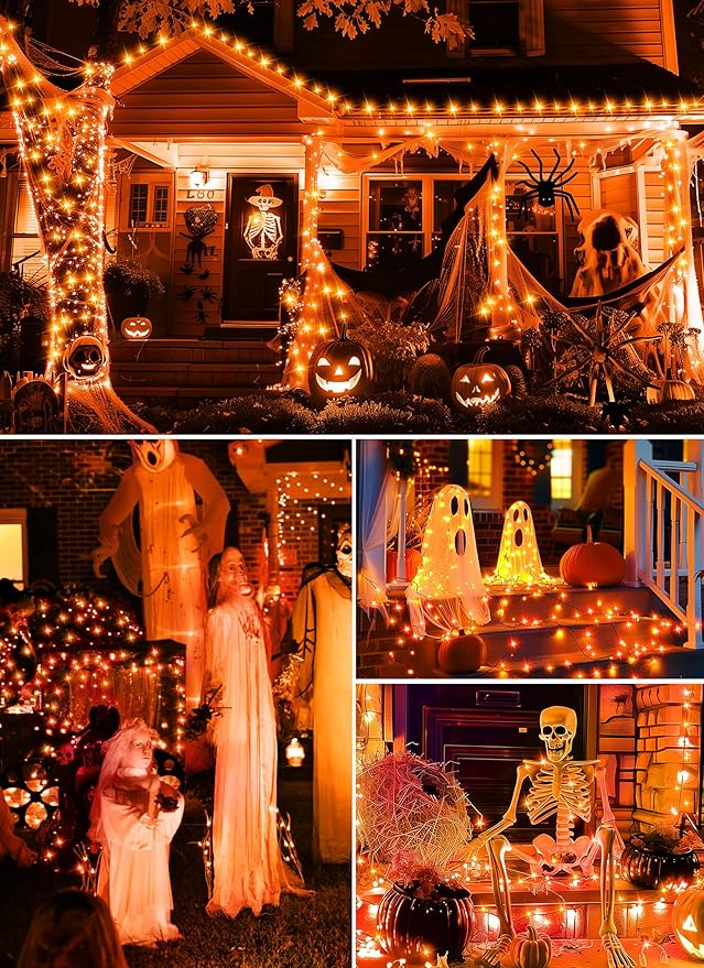 Halloween USB Fairy Lights Plug in, 33Ft 100 LED Twinkle String Lights with Remote and Timer, Waterproof 8 Modes for Bedroom Home Party Ghost Haunted House Indoor Outdoor Decorations, Orange