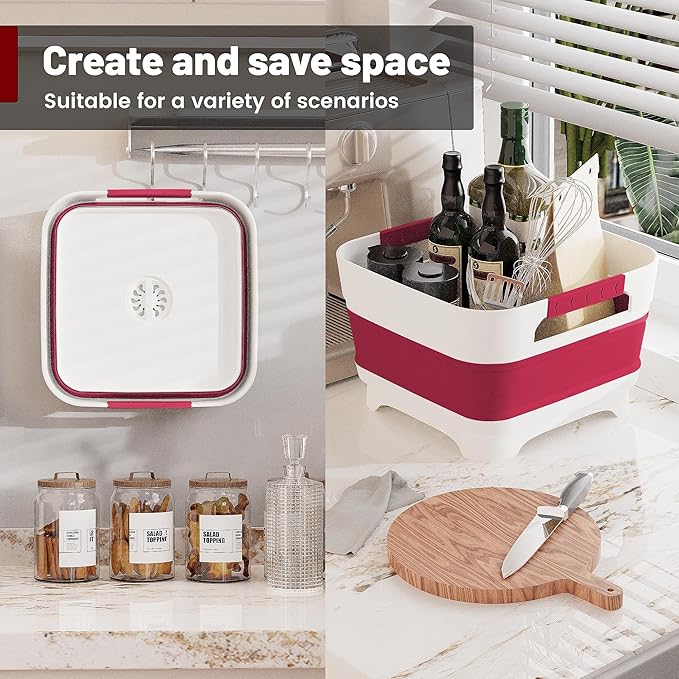 2.4 Gal Collapsbile Wash Basin with Drian Plug,9L Dish Pan for Soaking Baby Bottles,Portable Sink, Multiuse Foldable Bucket,Ice Beverage Tubs for Camping, Vegetable Washing, RV (Viva Magenta)