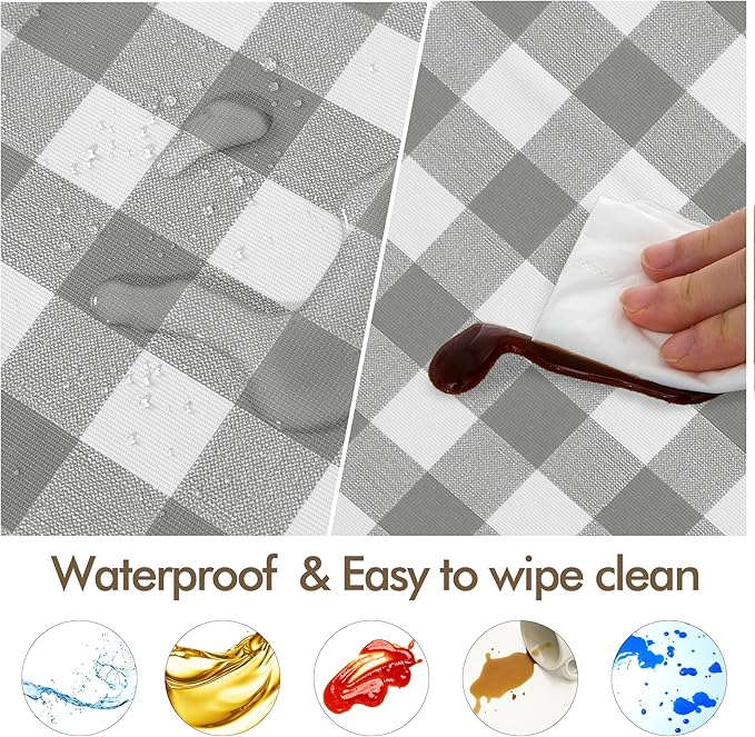 Fitable Round Vinyl Fitted Table Cover - 2 Pack Waterproof Checkered Elastic Edged Tablecloth Flannel Backed Table Cloth for Picnic Party, Silver/White (Fit for 45"-56" Round Tables)