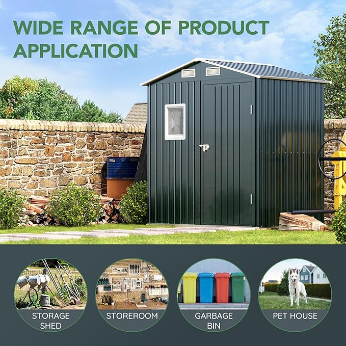 Breezz 6x4FT Outdoor Steel Storage Shed with Clear Window, Lockable Doors, Weather-Resistant Metal Tool Shed for Garden, Backyard, Patio, and Utility Storage