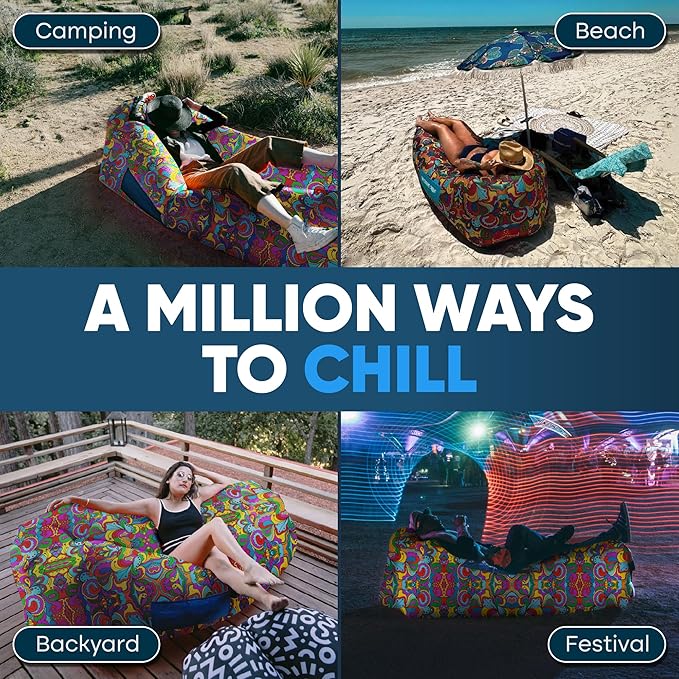 Chillbo Shwaggins Inflatable Couch – No-Pump Setup, Ripstop Polyester, Stability Pegs, Fun Prints, Portable Air Lounger for Beach, Camping, Festivals, and Tailgating - 60s Pyschedelic