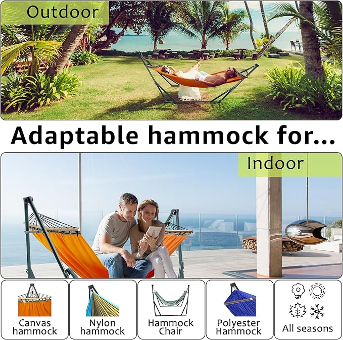 Tranquillo Sturdy Steel Hammock with Stand Premium Cotton Canvas Hammock, 600 lbs Capacity Hammock Stand Folding, Portable 30-Second Fold Unfold Hammock for Camping, Orange