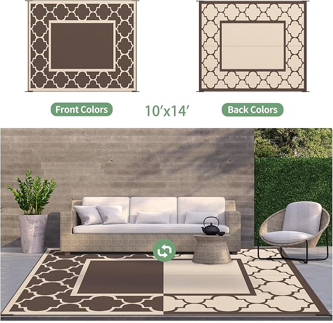 GENIMO 10 ' x 14 ' Outdoor Rug Waterproof for Patio Decor, Foldable Reversible Plastic Straw Area Rugs Mat for Camper, Outside Carpet for Rv, Deck, Porch, Picnic, Beach, Balcony, Coffee & Beige