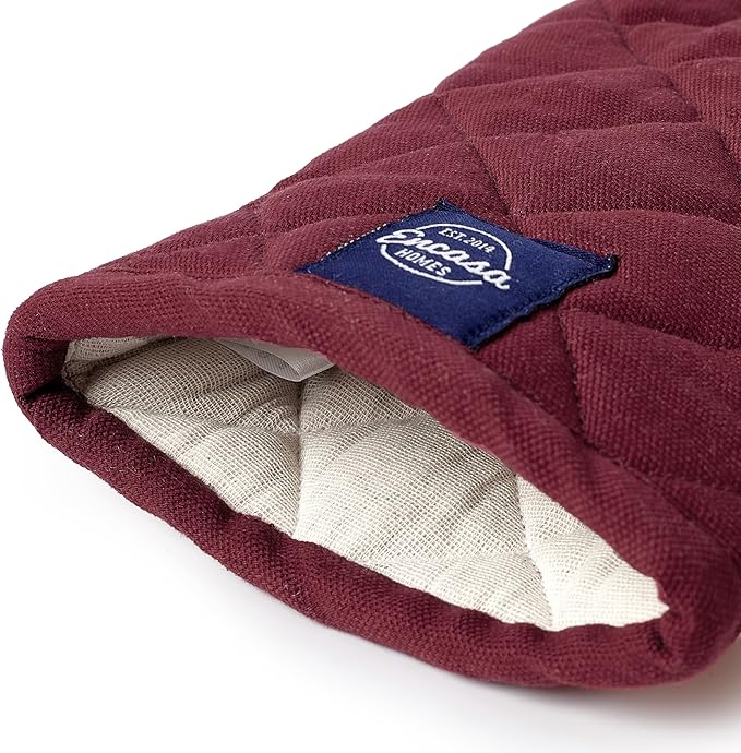 Encasa XO Heat Resistant Cotton Oven Gloves Mitts (2 Pc Set) - Quilted & Safe 12x7 in - for Kitchen, Cooking & Baking, Grilling, Handling Hot Pots & Pans - Maroon