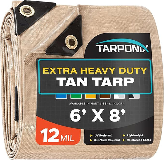 6' x 8' Extra Heavy-Duty Tan Poly Tarp – 12 Mil Thick, Waterproof, UV-Resistant Polyethylene with Reinforced Edges, Double-Stitched Hems, and Rustproof Grommets