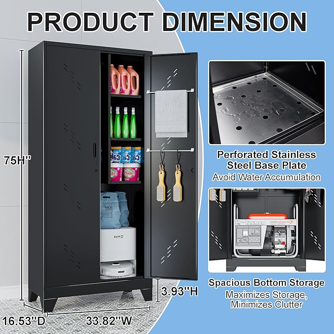 75" Heavy-Duty Metal Storage Cabinet with Lock - Wide & Deep Steel Tool Locker for Garage, Basement, Home Office - Outdoor/Indoor Pantry Organizer Cabinet
