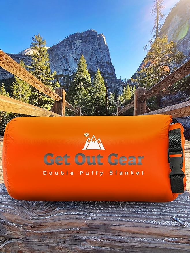 Double Puffy Camping Blanket - Extra Puffy, Packable, Lightweight and Warm | Ideal for Outdoors, Travel, Stadium, Festivals, Beach, Hammock | Water-Resistant Camp Quilt (Orange/Gray)