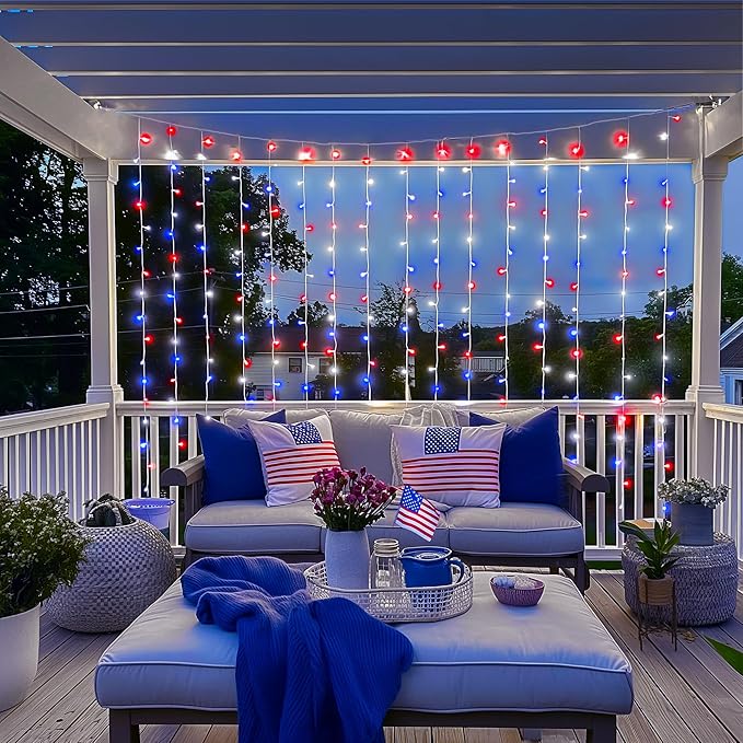 JMEXSUSS 300LED Red White and Blue Lights with Remote, 4th of July Lights Plug in, Patriots Curtain Hanging String Lights for Bedroom Wall Window Backdrop Indoor Outdoor 4th of July Decor, 9.8x9.8ft