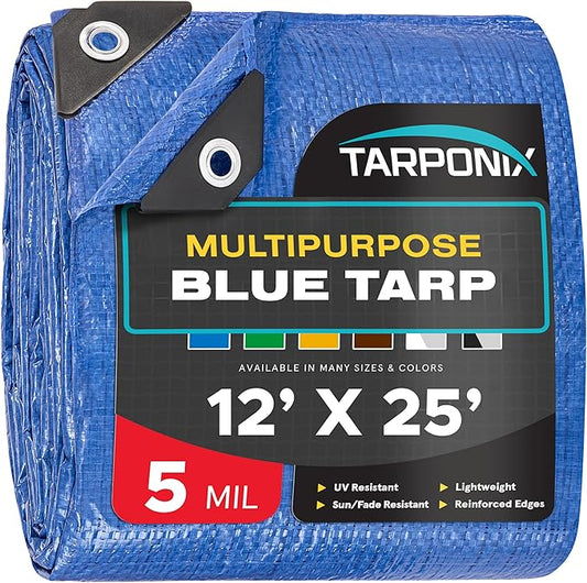 Better Blue Poly Tarp 12’ x 25’ – Lightweight 5 Mil Waterproof Cover – Durable, Weatherproof, Multipurpose Protection for Camping, Roofing, Construction