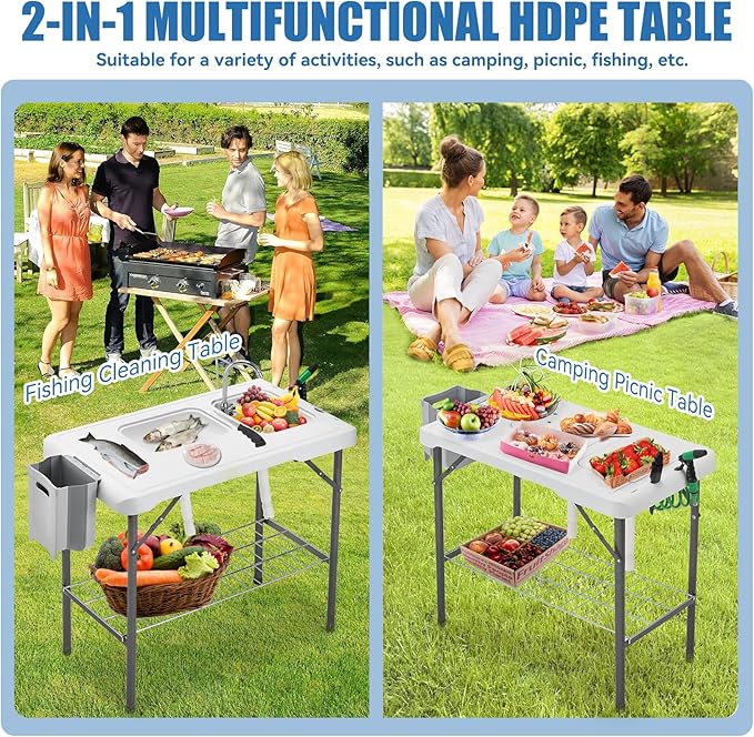 Folding Fish Cleaning Table Portable Camping Double Sinks Table w/2 Dual Water Basins, Faucet Drainage Hose & Sprayer Outdoor Fish Fillet Cleaning Station w/Knife, Storage Box,Black