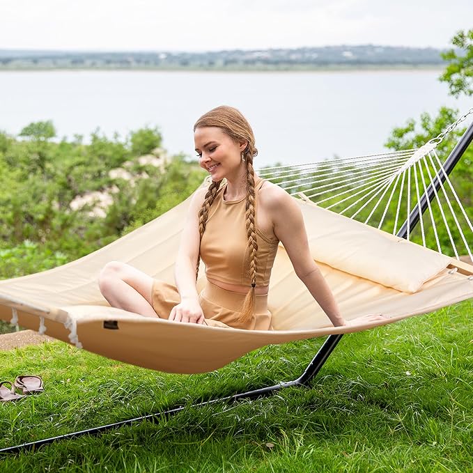 SUNCREAT Double Outdoor Hammock with 15 ft Stand, Standing Patio Hammocks for Outside, Beige