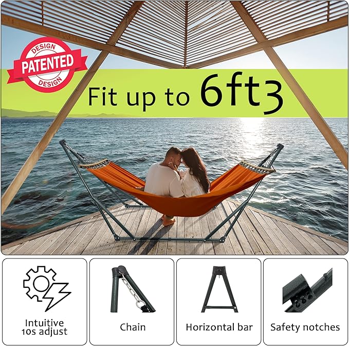 Tranquillo Sturdy Steel Hammock with Stand Premium Cotton Canvas Hammock, 600 lbs Capacity Hammock Stand Folding, Portable 30-Second Fold Unfold Hammock for Camping, Orange