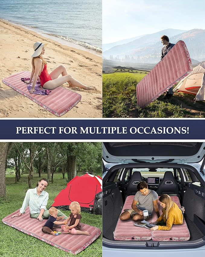 Inflatable Sleeping Pad for Camping, Extra-Thick 4.75" Single Air Mattress with Soft Velvet Top, Machine Washable, Family Lightweight 4-Season Pad for Traveling & Hiking, Pink