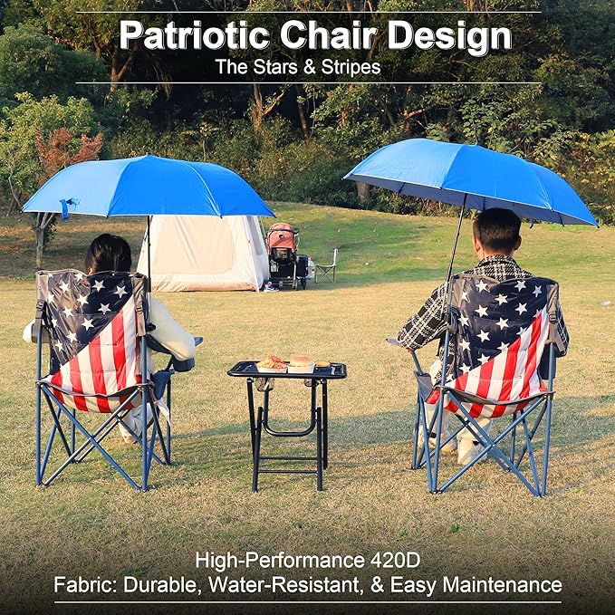 2 Pack Camping Chairs with Adjustable Umbrella-Folding Lawn Chair with American Flag Backrest-Heavy Duty Padded Camping Chair for Beach,Dark Green