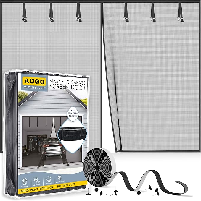 AUGO Garage Door Screen, 2 Car 16x7FT, Fiberglass mesh with Magnetic Closure, Heavy Duty Weighted Bottom, Easy Assembly & Pass, Hands Free Screen Door