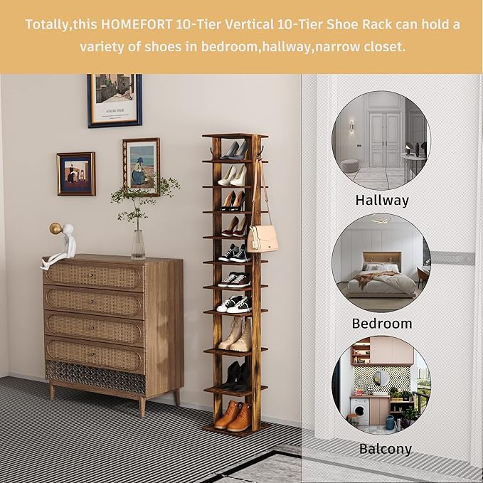 HOMEFORT 10-Tier Vertical Shoe Rack, Corner Shoe Tower, Slim Shoe Organizer with Two Hanging Hooks, Wooden Shoe Storage Stand for Entryway, Hallway, Closet, Rustic Brown